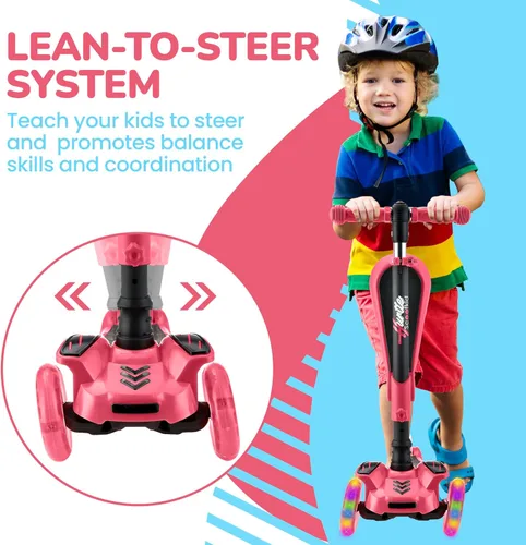 Vista 6 de Hurtle Patinete de 3 ruedas para niños, luces LED de ruedas, manubrio ajustable de inclinación para dirigir y asiento plegable, paseo sentado