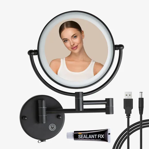 Vista 10 de Espejo de maquillaje de latón montado en la pared con luces y aumento, espejo de aumento iluminado recargable para montaje en pared con 1X y 5X