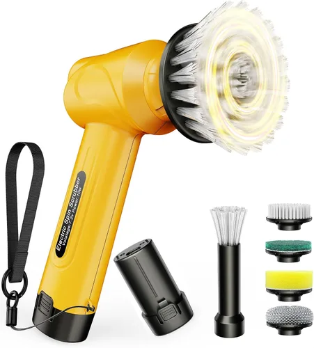 Vista 7 de Qimedo Cepillo Giratorio de Mano con Mango Largo Extendido, Cepillo Eléctrico Recargable para Limpieza, Cepillo Inalámbrico para Platos con 6