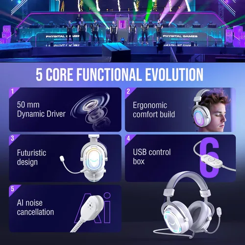 Vista 2 de FIFINE Auriculares USB para Juegos: Iluminación RGB Fluida - Sonido Envolvente 7.1 - Micrófono Desmontable - Almohadillas Suaves para las Orejas