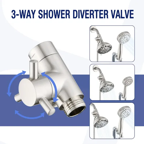 Vista 4 de PDPBath Válvula desviadora de brazo de ducha de 3 vías de latón para cabezal de ducha de mano y cabezal de ducha fijo, conexión universal G1/2