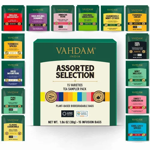 VAHDAM, Paquete de té variado, 15 SABORES Muestrario de té premiado Té negro, té verde, té oolong, té chai, té de hierbas - Bolsas de té