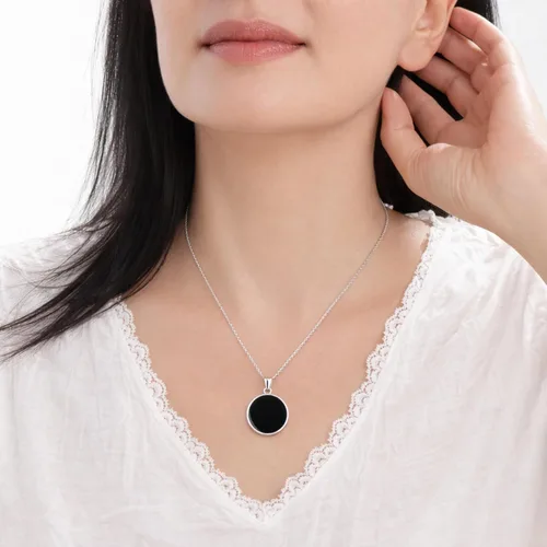 Vista 9 de Sterling Silver 925 Black Onyx Flat Round Handmade Pendant Necklace for Women & Men - Unisex