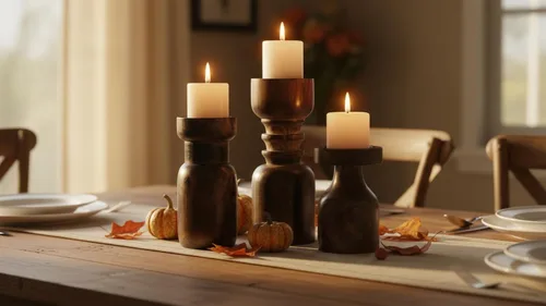 Vista 4 de Portavelas naturales negros para velas de pilar, centro de mesa de madera, juego de 3 candelabros de piso para chimenea, portavelas rústico de granja