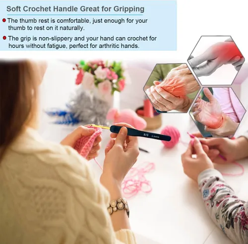 Vista 5 de Juego de ganchos de ganchillo ergonómicos, agujas de ganchillo de silicona y agujas de tejer para manos artríticas, mangos de ganchillo de agarre