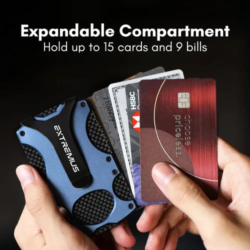 Vista 3 de Extremus Billetera táctica para hombre, delgada Rfid con clip para dinero y soporte para tarjetas de crédito, billetera minimalista de bolsillo