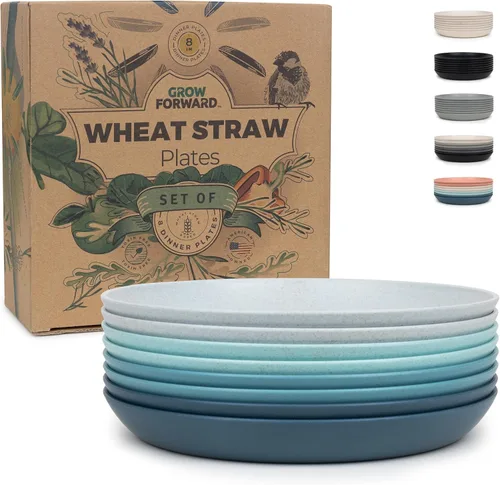 Vista 10 de Grow Forward Platos de postre de paja de trigo prémium – Juego de 8 platos de plástico duro reutilizables de 8 pulgadas – Platos irrompibles aptos