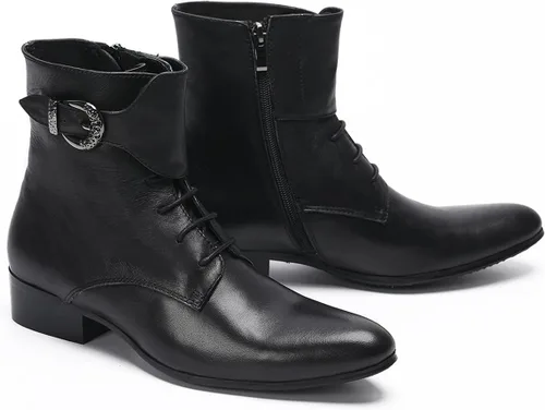 Vista 4 de Santimon Botas vaqueras para hombre, vestido formal, botas Chelsea de cuero genuino, botas casuales Patry de moda occidental, formal, baile