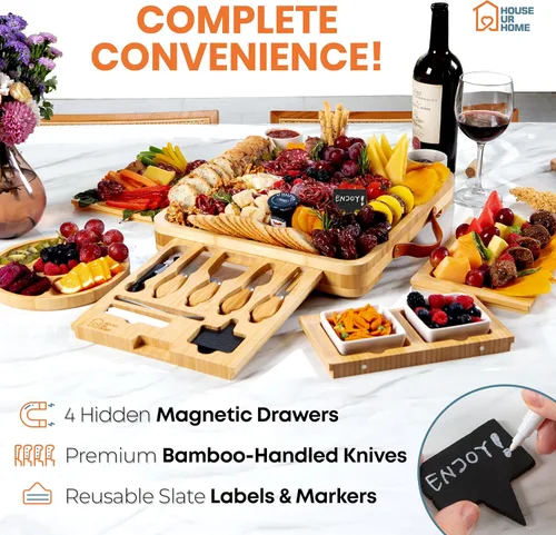 Vista 5 de Gran set de regalo de tabla de charcutería de bambú – 4 cajones ocultos, cuchillos de queso, tazones y platos de cerámica – Perfecto para Navidad