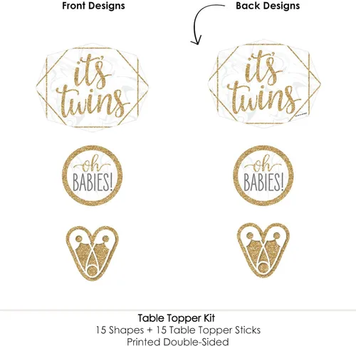Vista 5 de Big Dot of Happiness It's Twins - Juego de 15 palos de centro de mesa para baby shower Gold Twins