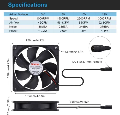 Vista 3 de Wathai Ventilador alimentado por CA de 4.724in, 5.512in, 5 pulgadas, 12 V con controlador de velocidad variable de 110 V - 240 V, enchufe de CA