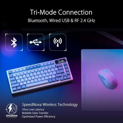 Vista 3 de ASUS Teclado mecánico inalámbrico ROG Azoth para juegos, 75% TKL, conectividad trimodo, interruptores lineales ROG NX Snow prelubricados Blanco