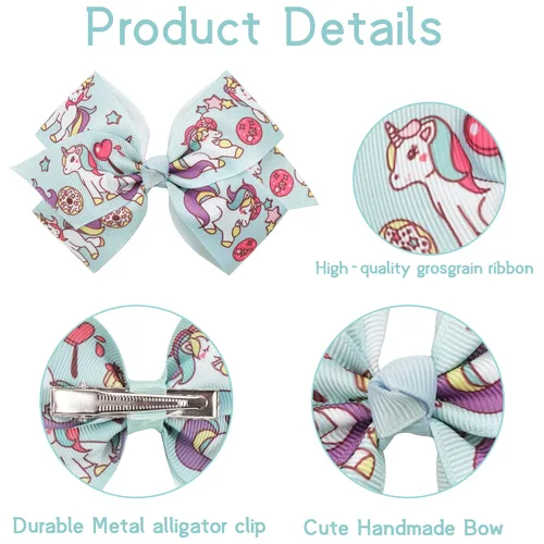 Vista 5 de 24 piezas de 11,4 cm de lazos para niñas, moños de grogrén arcoíris, pinzas de cocodrilo, lazos para pigtails, lazos para unicornios, broches