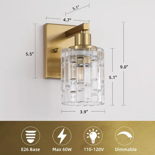 Vista 4 de Lámpara de Tocador de Baño de 1 Luz en Oro Cepillado Sobre Espejo, Iluminación Moderna de Tocador con Pantalla de Cristal, Accesorios de Iluminación