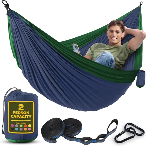 Vista 31 de Hamaca duradera con capacidad de 400 libras, silla hamaca de nailon para campamento, tamaños dobles o individuales, con correas para árbol y bolsa