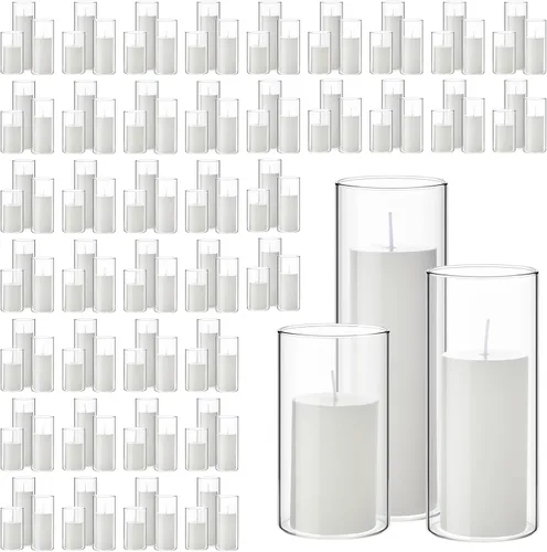 Vista 11 de Shihanee 60 velas de pilar y jarrones cilíndricos de vidrio, soportes cilíndricos transparentes para velas de pilar delgadas, decoración de mesa