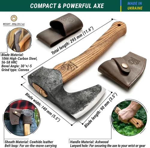 Vista 4 de Hacha de Bushcraft BeaverCraft AX6 para Talla de Madera - Hachas y Ejes de Camping Forjados - Hacha de Corte de Madera, Ejes de Jardinería Manual