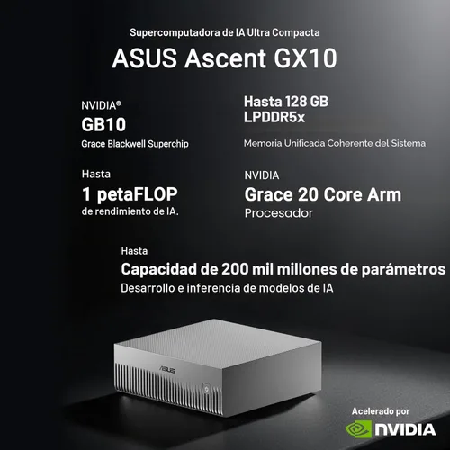 Vista 4 de Asus Ascent GX10-GG0010BN Computadora de escritorio con IA - ARM Cortex X925-128 GB - 1 TB PCI Express NVMe 4.0 x4 SSD - Gris estelar - NVIDIA GB10