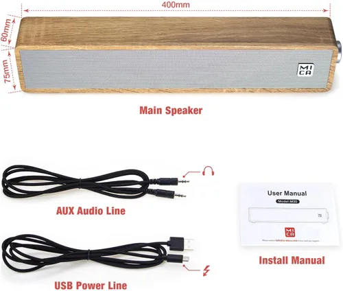 Vista 6 de MICA Altavoces de computadora, barra de sonido de computadora con cable, mini barra de sonido de madera, altavoces de PC alimentados por USB