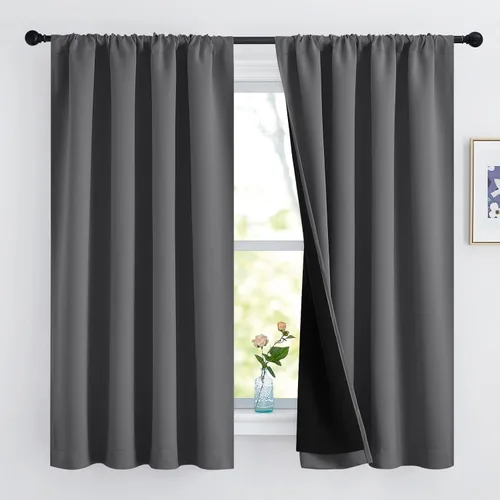 Vista 114 de NICETOWN Biscotti Beige 100% Cortinas opacas de 45" de largo para cocina, bolsillo con varilla para sótano completamente opaco, cortinas térmicas
