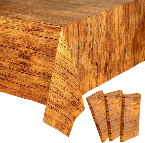 Blue Panda Paquete de 3 manteles de grano de madera para mesas rectangulares, mantel de plástico de madera marrón, 54 x 108 pulgadas, mantel de
