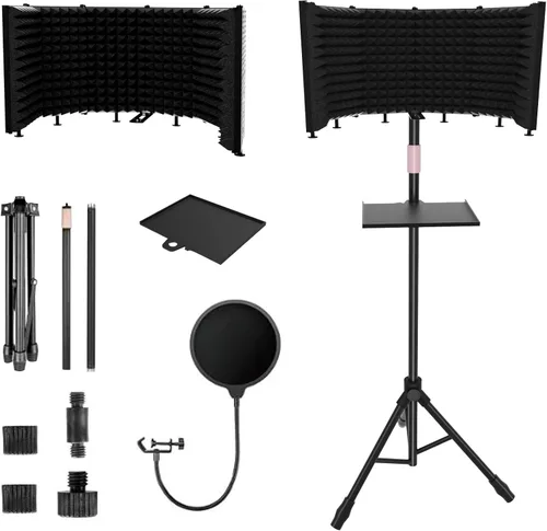 Vista 8 de Escudo aislante para micrófono – Panel insonorizado plegable y ajustable para grabación, podcast, cabina vocal, estudio y uso doméstico