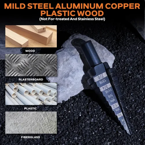 Vista 4 de KSEIBI 575035 HSS Broca Escalonada 1/8-1/2 Pulgada, Vástago Plano de 3 Caras Óxido Negro para Metal, Madera, Plástico - 13 Pasos Perforación