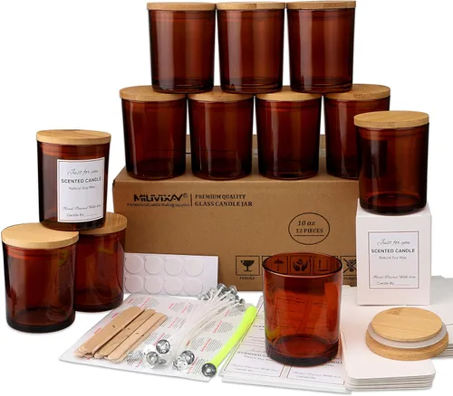 Vista 22 de MILIVIXAY Paquete de 12 tarros de vela de vidrio ámbar de 7 onzas con tapas y kits de fabricación de velas, tarros de velas vacíos a granel