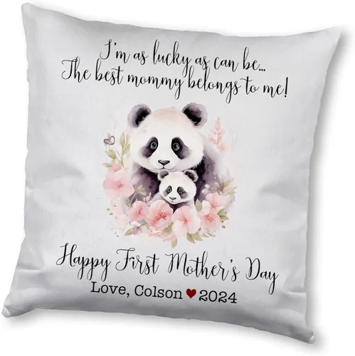 Vista 11 de Funda de almohada personalizada para el primer día de la madre, diseño de panda con niños, funda de almohada personalizada para el día de la madre