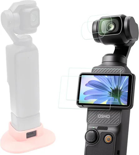 Vista 8 de PCTC Osmo Pocket 3 - Soporte de escritorio antideslizante de silicona + 4 paquetes de protector de lente de pantalla de vidrio templado, kit de Negro