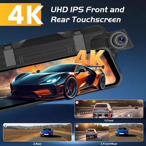 Vista 2 de Cámara de espejo retrovisor de 9.66 pulgadas, cámara de espejo 4K frontal y trasera con cámara trasera de 1080P, cámara de espejo de pantalla táctil