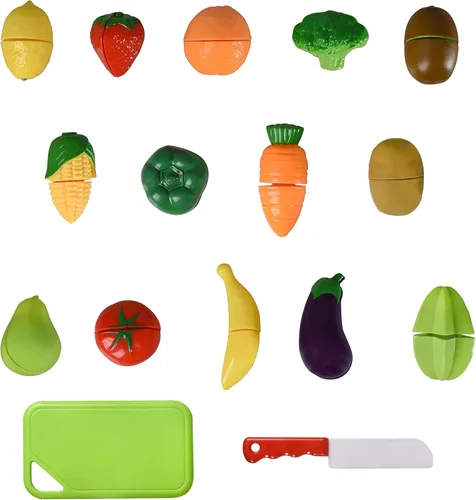 Vista 5 de Playkidz: Cesta de frutas y verduras, juego educativo de cocina con cuchillo de juguete, tabla de cortar (32 piezas de juguetes de comida)