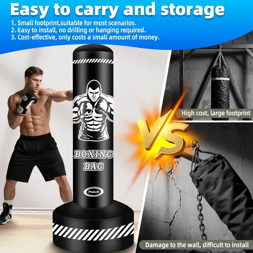 Vista 5 de Saco de boxeo de pie para adultos y adolescentes, saco de boxeo pesado de 70 pulgadas con soporte, bolsa pesada inflable para Kick Boxing, bolsas