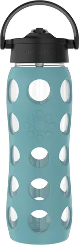 Lifefactory - Botella de agua de vidrio de 22 onzas con tapa de pajita, color verde azulado aguamarina | Funda protectora de silicona, tapa de