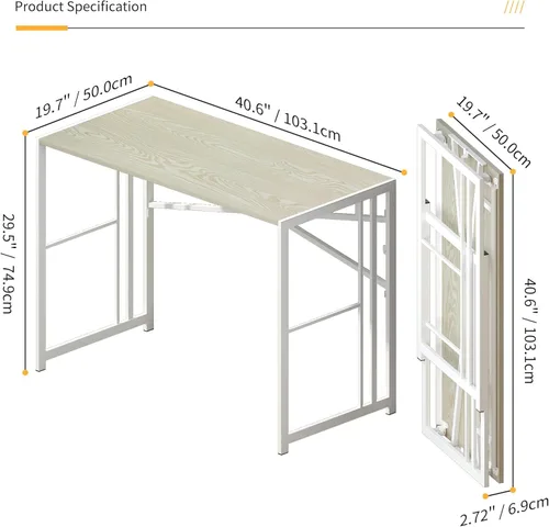 Vista 269 de Escritorio plegable de 47 pulgadas, no requiere montaje, mesa de oficina en casa, escritorio de campamento para computadora de juegos, color beige