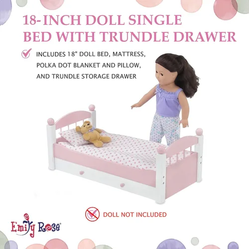 Vista 4 de Emily Rose Cama nido rosa de 18 pulgadas con cajón de almacenamiento extraíble y juego de ropa de cama de 3 piezas, diseño apilable, se adapta a