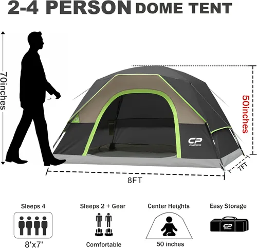 Vista 2 de CAMPROS CP Tents for Camping 2/4/6 Person, Waterproof Windproof Dome Tent Camping Tents with Rainfly Easy Setup in 5 Mins, Portable Tents with