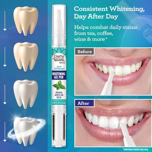 Vista 3 de GuruNanda Bolígrafo blanqueador de dientes, (0.06 onzas líquidas), 20 usos, vegano y suave en los dientes, fórmula profesional, bolígrafo de gel