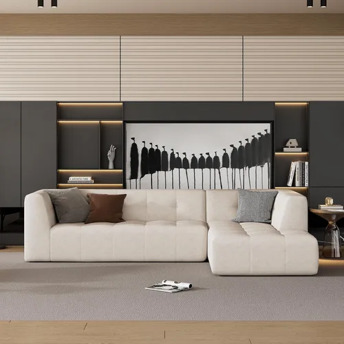 Vista 19 de Sofá modular en forma de L de 100.7 pulgadas con otomana extraíble, modernos sofás de 3 plazas con dos reposabrazos y patas de metal, cómoda tela