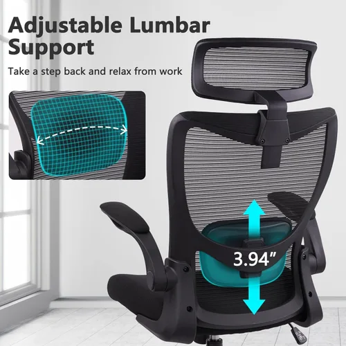 Vista 4 de CLATINA Silla de oficina ergonómica de malla con respaldo alto ajustable, apoyabrazos abatibles, silla giratoria ejecutiva giratoria cómoda