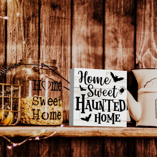 Vista 6 de Rustic Home Sweet Haunted Home - Letrero de madera de Halloween, lindo letrero de otoño, decoración de casa de campo, caja de madera decorativa