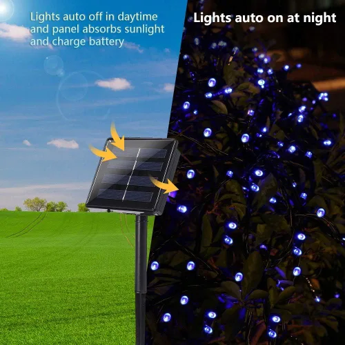 Vista 6 de Joomer - Luces solares azules de Navidad de 72 pies x 2 unidades, 200 LED, 8 modos, tira de luces solares impermeables para decoraciones de Navidad