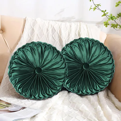 Vista 9 de HIG - Juego de 2 almohadas decorativas redondas plisadas, almohadas de calabaza de acento elegantes con botón central, almohadas de suelo