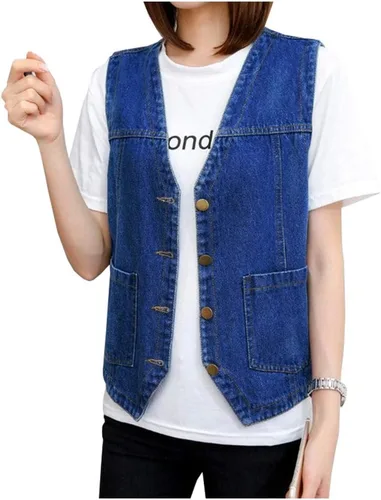 Vista 3 de Ladyful Chaleco de mezclilla sin mangas con cuello en V y botones para mujer