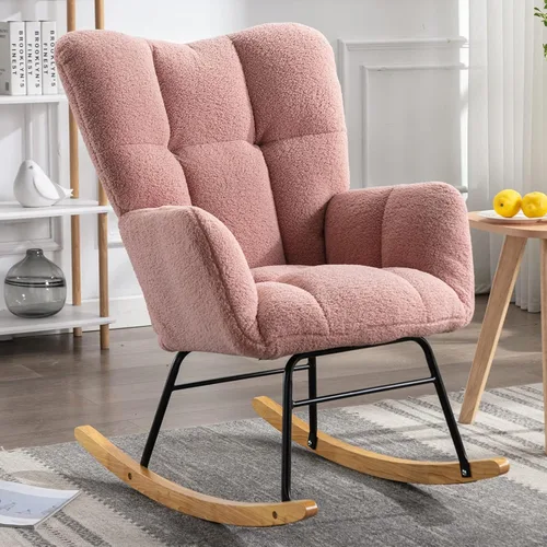 Vista 14 de Silla mecedora moderna para cuarto de bebé, silla deslizadora tapizada con respaldo alto, sillón de acento mecedor con patas de madera maciza