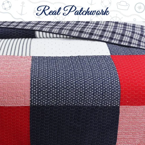Vista 3 de Cozy Line Home Fashions Juego de ropa de cama reversible de 100% algodón con diseño de estrellas y rayas rojas y azul marino, para todas