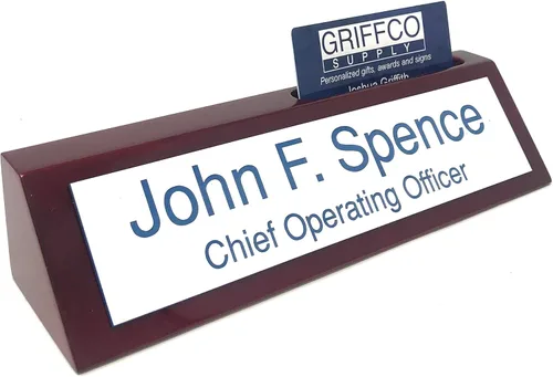 Vista 14 de Placa de nombre de escritorio personalizada con acabado de piano rojo de palisandro con tarjetero, 16 opciones de color, placa de nombre Oro