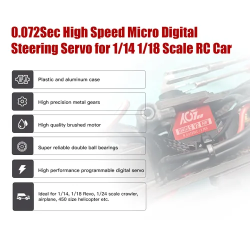 Vista 3 de AGFRC Servomotor de dirección RC Sub-Micro - Caja de metal mejorada con engranaje de titanio 0.072 seg de alta velocidad HV Mini servo para coche RC