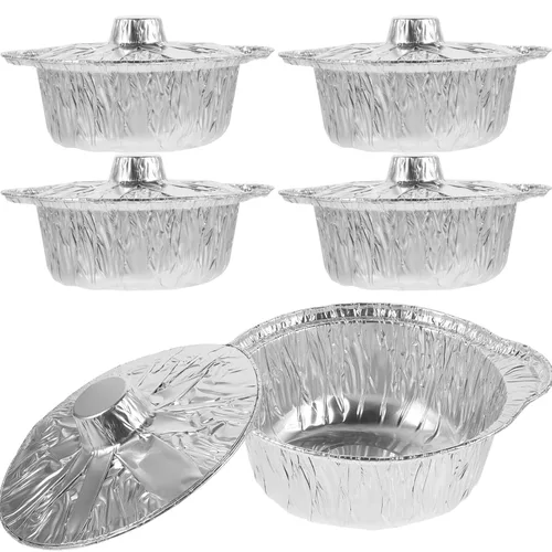 Vista 10 de BESPORTBLE 5 juegos de ollas de aluminio desechables con tapa, sartenes redondas de aluminio para hornear, para almacenar servir recalentamiento