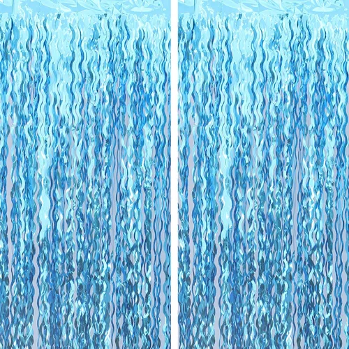 Vista 8 de cyxevous Cortina ondulada de oropel con flecos de papel de aluminio para decoración de fiesta de cumpleaños de sirena bajo el mar